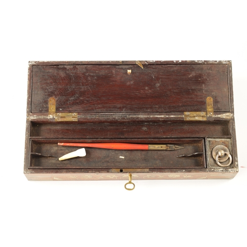 525 - A 19TH CENTURY ANGLO INDIAN BRASS INLAID HARDWOOD PEN AND INK BOX with fitted interior. (29cm wide)