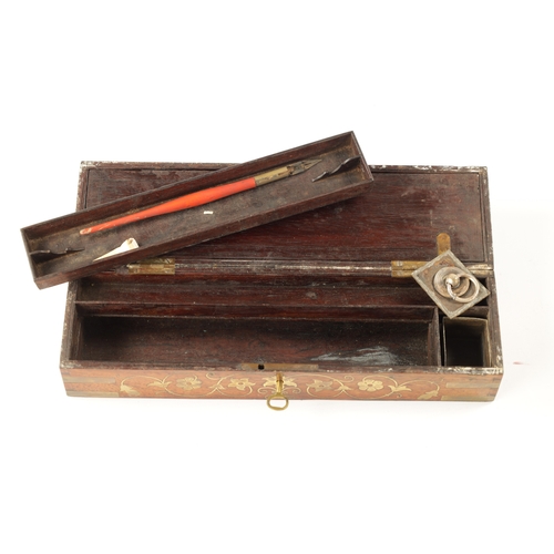 525 - A 19TH CENTURY ANGLO INDIAN BRASS INLAID HARDWOOD PEN AND INK BOX with fitted interior. (29cm wide)