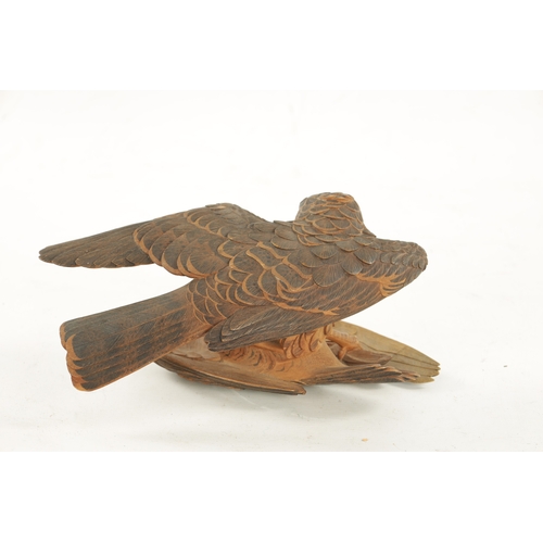 532 - A JAPANESE MEIJI PERIOD CARVED WOOD OKIMONO OF TWO QUARRELLING HAWKS both with fine engraved feather... 