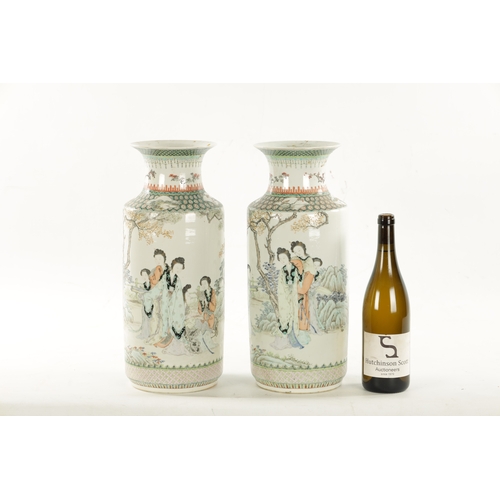 536 - A PAIR OF CHINESE REPUBLIC FAMILLE VERTE CYLINDRICAL VASES decorated with figures in landscape setti... 