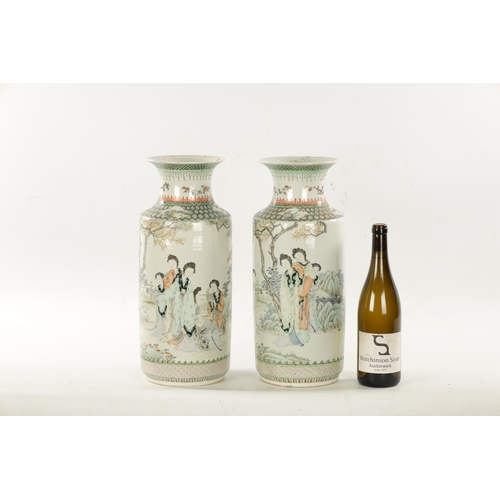 536 - A PAIR OF CHINESE REPUBLIC FAMILLE VERTE CYLINDRICAL VASES decorated with figures in landscape setti... 