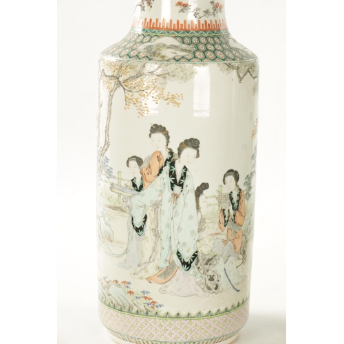 536 - A PAIR OF CHINESE REPUBLIC FAMILLE VERTE CYLINDRICAL VASES decorated with figures in landscape setti... 