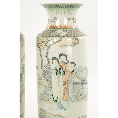 536 - A PAIR OF CHINESE REPUBLIC FAMILLE VERTE CYLINDRICAL VASES decorated with figures in landscape setti... 