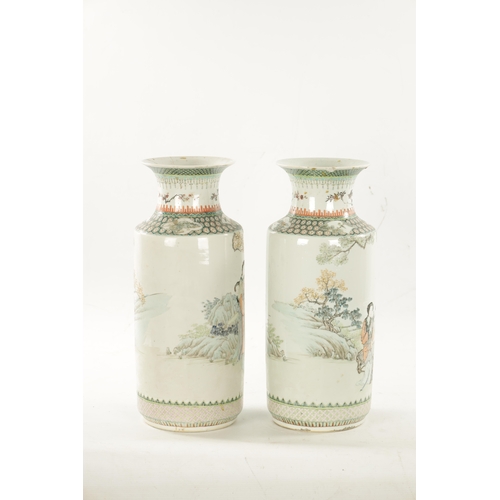 536 - A PAIR OF CHINESE REPUBLIC FAMILLE VERTE CYLINDRICAL VASES decorated with figures in landscape setti... 