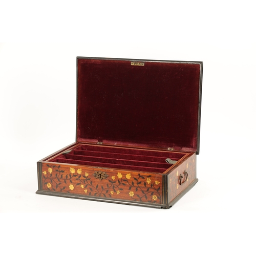 554 - A 17TH/18TH CENTURY INDO PORTUGUESE EBONY AND IVORY INLAID FITTED SHALLOW BOX with lined banded bord... 