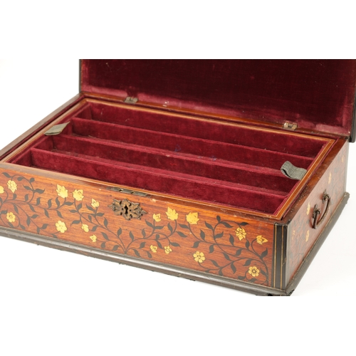 554 - A 17TH/18TH CENTURY INDO PORTUGUESE EBONY AND IVORY INLAID FITTED SHALLOW BOX with lined banded bord... 