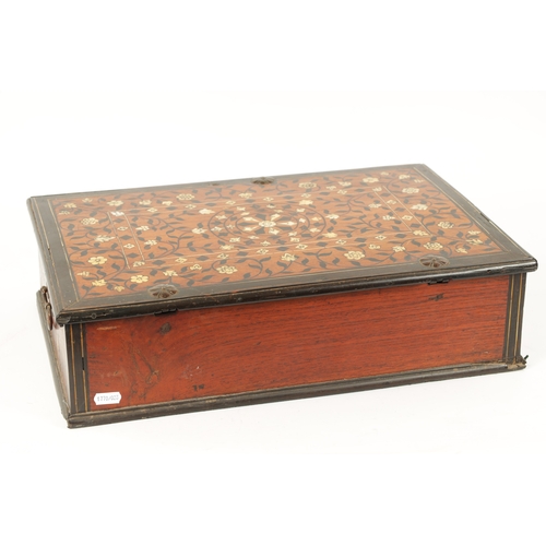 554 - A 17TH/18TH CENTURY INDO PORTUGUESE EBONY AND IVORY INLAID FITTED SHALLOW BOX with lined banded bord... 