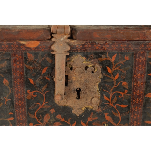 560 - A RARE 17TH CENTURY INDIAN LACQUERWORK WOODEN BOX decorated with various animals amongst blossoming ... 