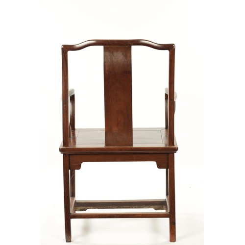 564 - A 19TH CENTURY CHINESE HONGMU ARMCHAIR the wide frame with yoke back crest rail above a gently curvi... 