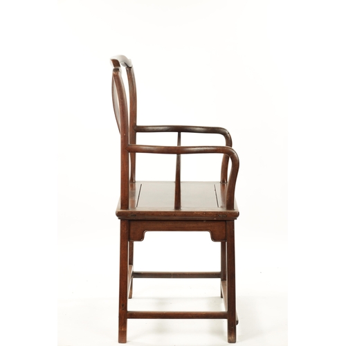 564 - A 19TH CENTURY CHINESE HONGMU ARMCHAIR the wide frame with yoke back crest rail above a gently curvi... 