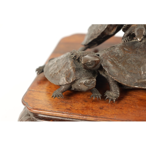 572 - A FINE JAPANESE MEIJI PERIOD BRONZE SCULPTURE OF A GROUP OF TURTLES mounted on a pierced carved hard... 