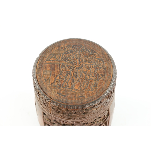 573 - A GOOD EARLY 19TH CENTURY CARVED BAMBOO CHINESE BRUSH POT AND LID with figural garden scenes to the ... 