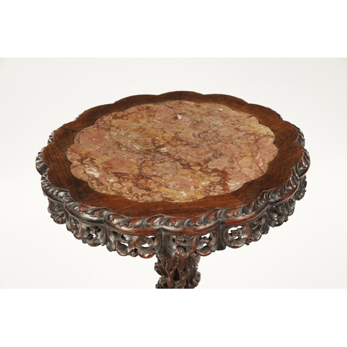 577 - A GOOD 19TH CENTURY CHINESE CARVED HARDWOOD MARBLE TOPPED OCCASIONAL TABLE with inset veined marble ... 