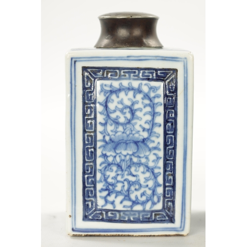 579 - A PAIR OF 19TH CENTURY CHINESE BLUE AND WHITE PORCELAIN TEA CADDIES of square form with lead metal s... 