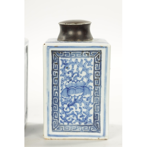 579 - A PAIR OF 19TH CENTURY CHINESE BLUE AND WHITE PORCELAIN TEA CADDIES of square form with lead metal s... 