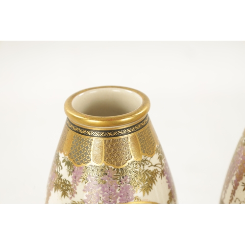 583 - A PAIR OF JAPANESE MEIJI PERIOD SATSUMA OVOID VASES with panelled figural scenes surrounded by leaf ... 