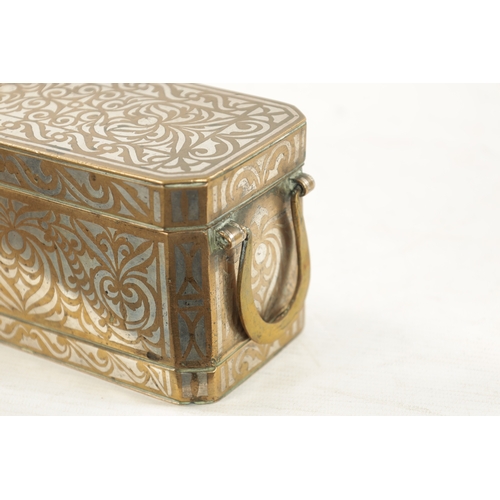 587 - A LATE 19TH CENTURY MARANOA SILVER INLAID BRONZE BETEL NUT BOX of rectangular form with canted corne... 