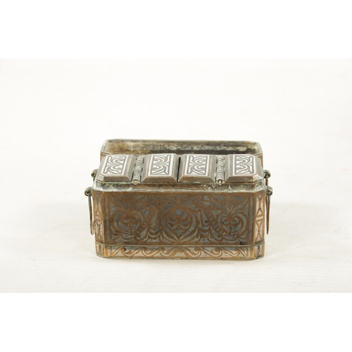 587 - A LATE 19TH CENTURY MARANOA SILVER INLAID BRONZE BETEL NUT BOX of rectangular form with canted corne... 