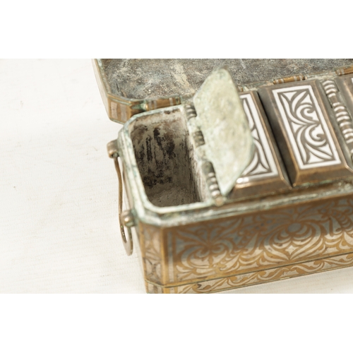 587 - A LATE 19TH CENTURY MARANOA SILVER INLAID BRONZE BETEL NUT BOX of rectangular form with canted corne... 