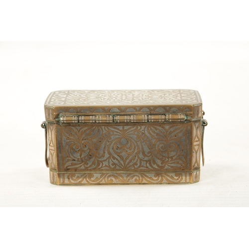 587 - A LATE 19TH CENTURY MARANOA SILVER INLAID BRONZE BETEL NUT BOX of rectangular form with canted corne... 