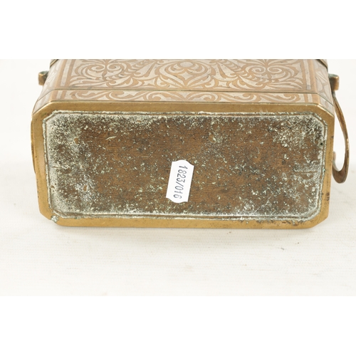 587 - A LATE 19TH CENTURY MARANOA SILVER INLAID BRONZE BETEL NUT BOX of rectangular form with canted corne... 