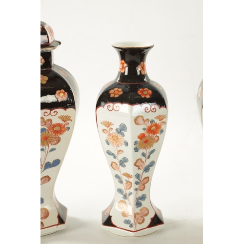 589 - A SET OF FIVE 19TH CENTURY JAPANESE IMARI VASE AND COVERS decorated with floral sprays and over-pain... 