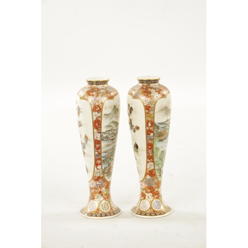 592 - YABU MEIZAN (1853-1934) A FINE PAIR OF MEIJI PERIOD JAPANESE SATSUMA VASES decorated on the slender ... 