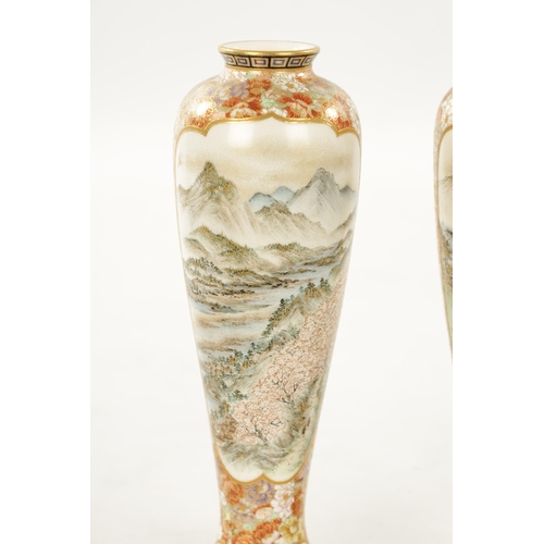 592 - YABU MEIZAN (1853-1934) A FINE PAIR OF MEIJI PERIOD JAPANESE SATSUMA VASES decorated on the slender ... 