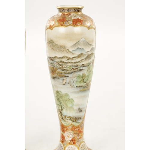 592 - YABU MEIZAN (1853-1934) A FINE PAIR OF MEIJI PERIOD JAPANESE SATSUMA VASES decorated on the slender ... 