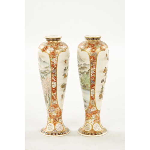 592 - YABU MEIZAN (1853-1934) A FINE PAIR OF MEIJI PERIOD JAPANESE SATSUMA VASES decorated on the slender ... 