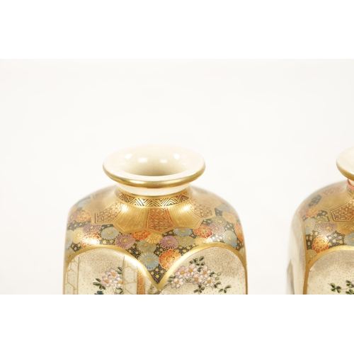 596 - A FINE PAIR OF JAPANESE MEIJI PERIOD SATSUMA CABINET VASES of hexagonal slender shape decorated with... 