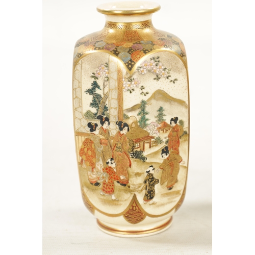 596 - A FINE PAIR OF JAPANESE MEIJI PERIOD SATSUMA CABINET VASES of hexagonal slender shape decorated with... 