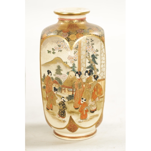 596 - A FINE PAIR OF JAPANESE MEIJI PERIOD SATSUMA CABINET VASES of hexagonal slender shape decorated with... 