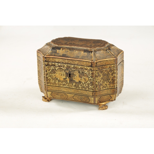 597 - A GOOD 19TH CENTURY CHINESE EXPORT LACQUER WORK TEA CADDY with chinoiserie decorated design - having... 