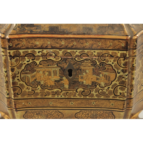 597 - A GOOD 19TH CENTURY CHINESE EXPORT LACQUER WORK TEA CADDY with chinoiserie decorated design - having... 