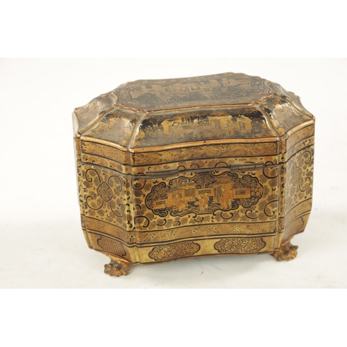 597 - A GOOD 19TH CENTURY CHINESE EXPORT LACQUER WORK TEA CADDY with chinoiserie decorated design - having... 