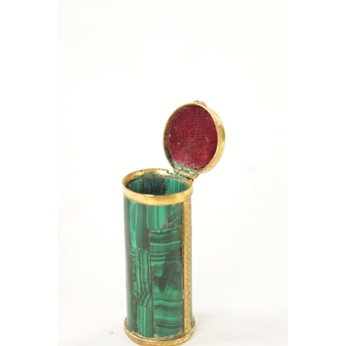 618 - A 19TH CENTURY ORMOLU MOUNTED MALACHITE LIDDED CANISTER with having segmented body and chequered hin... 