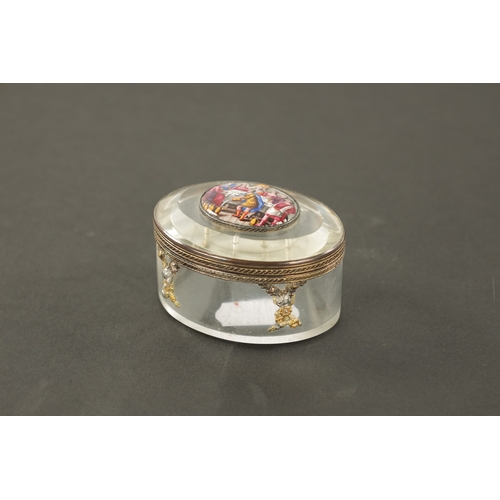 624 - A 19TH CENTURY CONTINENTAL GLASS AND ENAMEL ORMOLU-MOUNTED PILL BOX with applied enamel plaque depic... 