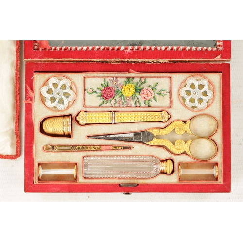 625 - A 14CT GOLD 19TH CENTURY FRENCH PALAIS ROYAL MINIATURE SEWING KIT comprising of an etui, thimble, sc... 