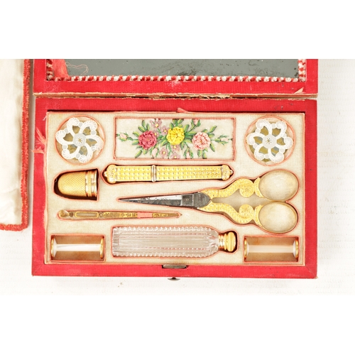 625 - A 14CT GOLD 19TH CENTURY FRENCH PALAIS ROYAL MINIATURE SEWING KIT comprising of an etui, thimble, sc... 