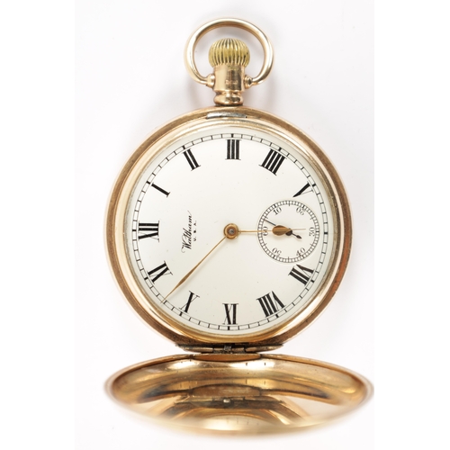 634 - A 1920’S WALTHAM 9CT GOLD FULL HUNTER POCKET WATCH having a white enamel Roman dial with subsidiary ... 