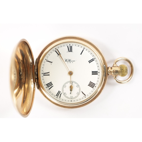 634 - A 1920’S WALTHAM 9CT GOLD FULL HUNTER POCKET WATCH having a white enamel Roman dial with subsidiary ... 