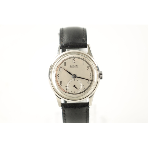 645 - A GENTLEMAN’S 1940’S STEEL ROLEX MARCONI WRISTWATCH on black leather strap, having a silvered dial w... 