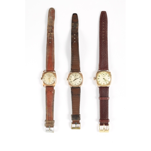 663 - A COLLECTION OF THREE 1930’S 9CT GOLD CUSHION CASED WRISTWATCHES all on leather straps, signed Walth... 