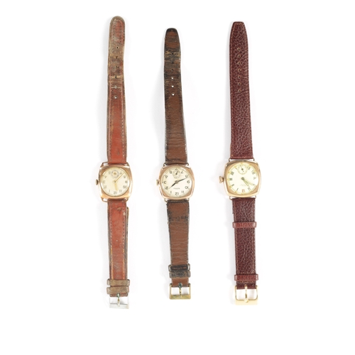 663 - A COLLECTION OF THREE 1930’S 9CT GOLD CUSHION CASED WRISTWATCHES all on leather straps, signed Walth... 