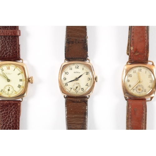 663 - A COLLECTION OF THREE 1930’S 9CT GOLD CUSHION CASED WRISTWATCHES all on leather straps, signed Walth... 