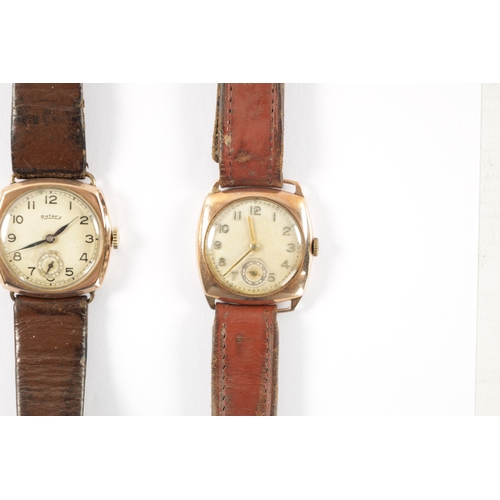 663 - A COLLECTION OF THREE 1930’S 9CT GOLD CUSHION CASED WRISTWATCHES all on leather straps, signed Walth... 