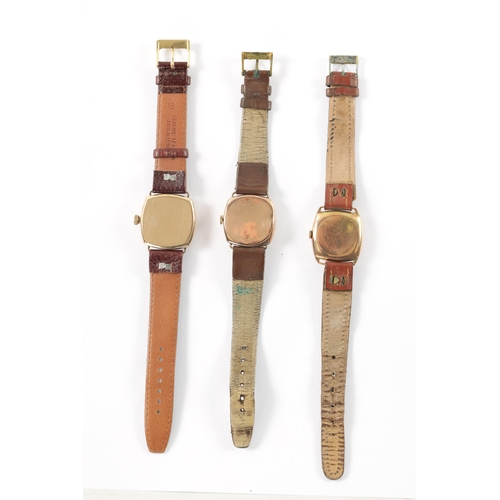 663 - A COLLECTION OF THREE 1930’S 9CT GOLD CUSHION CASED WRISTWATCHES all on leather straps, signed Walth... 