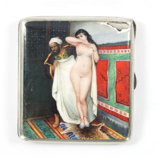 666 - A 19TH CENTURY SILVER AND ENAMEL CIGARETTE CASE the lid depicting a nude lady and an Eastern man. (8... 