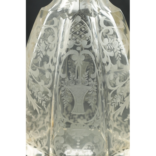 677 - A NEAR PAIR OF 19TH CENTURY SILVER TOPPED CUT GLASS DECANTERS of facetted form with embossed contine... 